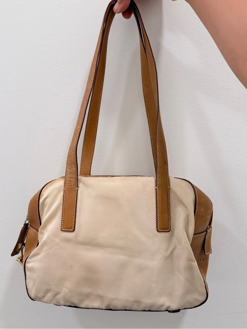 Prada Vintage Beige Nylon Tan Leather Shoulder Bag Padlock Made Italy Y2K